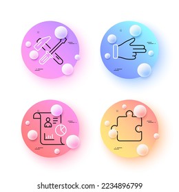 Informe, Clic en los iconos de línea mínima de mano y Rompecabezas. botones de esferas o bolas 3d. Iconos de herramientas de martillo. Para web, aplicación, impresión. Estadísticas de trabajo, dedo de dirección, pieza de rompecabezas. Vector