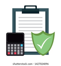 Report clipboard with calculator and shield security symbols vector illustration graphic design