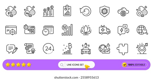 Report, Cobalamin vitamin and Graph chart line icons for web app. Pack of Internet search, Ambulance car, Coronavirus pictogram icons. Chlorine mineral, Quick tips, Lotus signs. 5g wifi. Vector