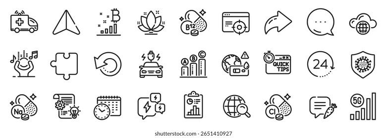 Report, Cobalamin vitamin and Graph chart line icons pack. Share, Message, Paper plane icons. Internet search, Ambulance car, Coronavirus web icon. Vector