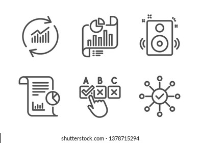 Report, Correct Checkbox And Speakers Icons Simple Set. Report Document, Update Data And Survey Check Signs. Work Analysis, Answer. Education Set. Line Report Icon. Editable Stroke. Vector