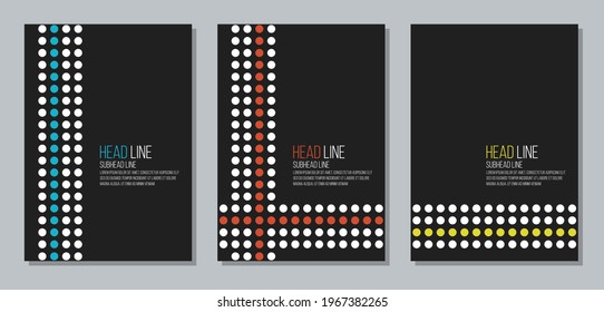 report cover with black background and colorful dots, flat vector page template