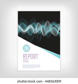 Report cover template with abstract green and white waves on black background. Business brochure document layout for company presentations, website, flyer, card. Vector illustration EPS10