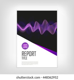 Report cover template with abstract purple waves on black background. Business brochure document layout for company presentations, website, flyer, card. Vector illustration EPS10