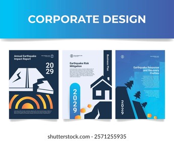 A report cover template featuring three different designs covering earthquake impacts, risk management, and recovery plans for the new year. The use of graphics clearly highlights the topics.