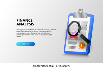 report data chart analysis with clipboard and magnifying glass for audit, accounting and check for finance, banking, business, and office. landing page template