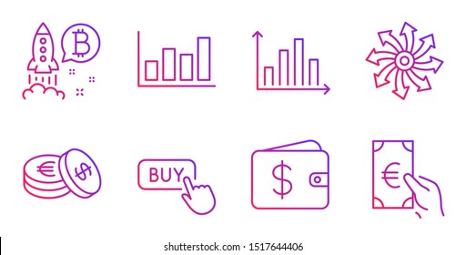 Report diagram, Buy button and Versatile line icons set. Diagram graph, Bitcoin project and Dollar wallet signs. Savings, Finance symbols. Financial market, Online shopping. Finance set. Vector