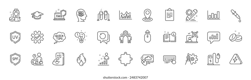 Report diagram, Chemistry beaker and Graduation cap line icons. Pack of Inspect, Nurse, Cogwheel dividers icon. Cloud computing, Chemistry pipette, Puzzle pictogram. Uv protection. Line icons. Vector