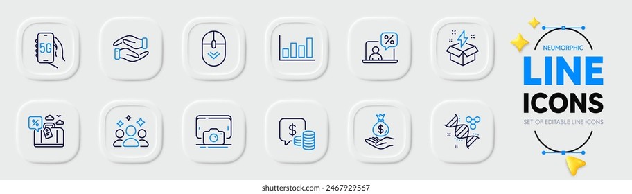 Report diagram, Creative idea and Travel loan line icons for web app. Pack of Online tax, Coins, Phone photo pictogram icons. Income money, Scroll down, Chemistry dna signs. Squad. Vector