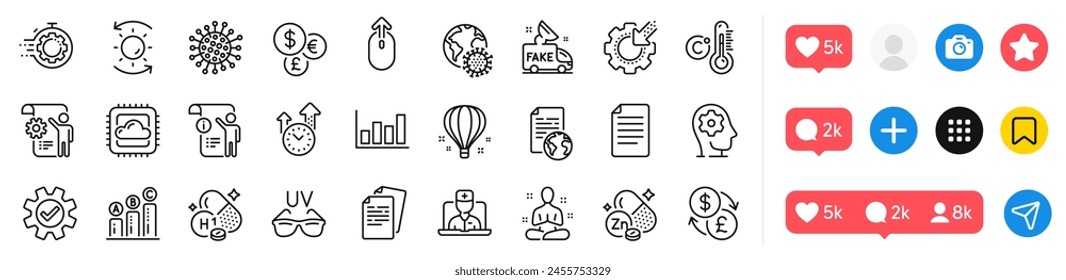 Diagrama de informes, Paquete de iconos de línea de documentos y coronavirus. Iconos de medios sociales. Gestión del tiempo, doc manual, icono de Web de temporizador Seo. Desliza hacia arriba, documento de Internet, pictograma de yoga. Vector