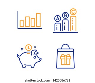 Report diagram, Graph chart and Saving money icons simple set. Holidays shopping sign. Financial market, Growth report, Piggy bank. Gifts bag. Business set. Linear report diagram icon. Vector