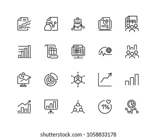 Report and diagram icons. Set of twenty line icons. Data, presentation, analytics. Diagram concept. Vector illustration can be used for topics like economics, finance, accounting.