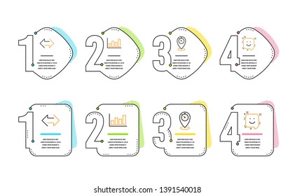 Report diagram, Timer and Sync icons simple set. Smile sign. Financial market, Location pointer, Synchronize. Positive feedback. Infographic timeline. Line report diagram icon. 4 options or steps