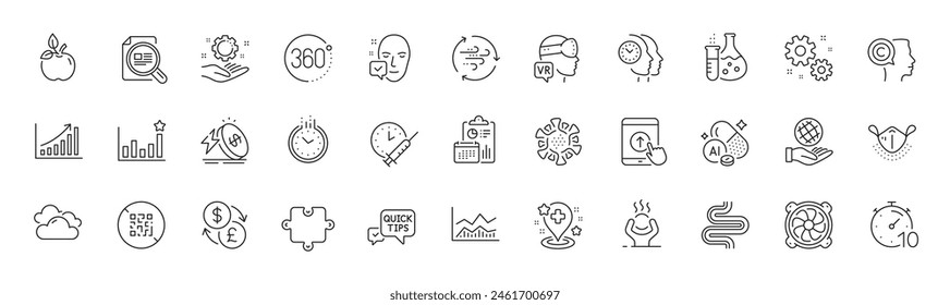 Report, Difficult stress and Aluminium mineral line icons. Pack of Writer, Wind energy, Eco food icon. Time management, Quick tips, Augmented reality pictogram. Face accepted. Line icons. Vector