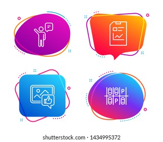Report document, Agent and Like photo icons simple set. Parking place sign. Statistics file, Business person, Thumbs up. Transport. Technology set. Speech bubble report document icon. Vector