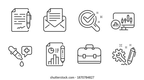 Archivo de informe, documento de contrato y conjunto de iconos de línea de correspondencia de correo. Cartera, laboratorio de química y carteles de ingeniería. Pipeta química, símbolos de la gráfica de candelabros. Iconos de línea de calidad. Vector