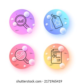 Report document, Analytics and Data analysis minimal line icons. 3d spheres or balls buttons. Loyalty tags icons. For web, application, printing. Growth chart, Audit analysis, Magnifying glass. Vector