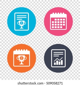 Report document, calendar icons. Basketball sign icon. Sport symbol. Winner award cup. Transparent background. Vector
