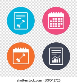 Report document, calendar icons. Key sign icon. Unlock tool symbol. Transparent background. Vector