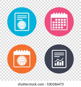 Report document, calendar icons. Volleyball sign icon. Beach sport symbol. Transparent background. Vector