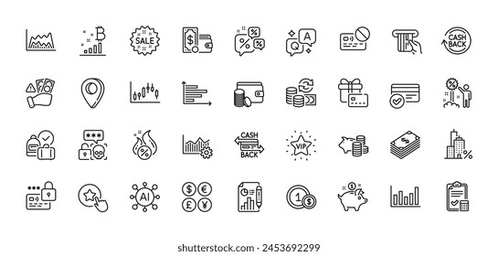 Report document, Cashback and Lock line icons pack. AI, Question and Answer, Map pin icons. Gift card, Column chart, Card web icon. Hot loan, Operational excellence, Mortgage pictogram. Vector