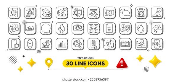 Report document, Clipboard and Internet line icons pack. 3d design elements. Phone protect, Currency rate, Music web icon. Interview, Voicemail, Chemistry lab pictogram. Vector