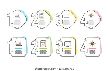 Report document, Computer and Graph icons simple set. Logistics network sign. Page with charts, Pc component, Presentation diagram. International tracking. Infographic timeline. Vector