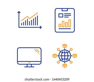 Report document, Computer and Graph icons simple set. Logistics network sign. Page with charts, Pc component, Presentation diagram. International tracking. Linear report document icon. Vector