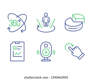Report document, Full rotation and Pie chart line icons set. Speaker, Augmented reality and Rotation gesture signs. Statistics file, 360 degree, 3d graph. Music sound. Technology set. Vector
