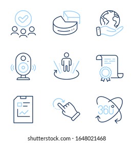 Conjunto de iconos de documento de informe, rotación completa y línea de gráfico circular. Certificado de Diploma, planeta salvado, grupo de personas. Altavoz, realidad aumentada y signos de gestos de Rotación. Vector