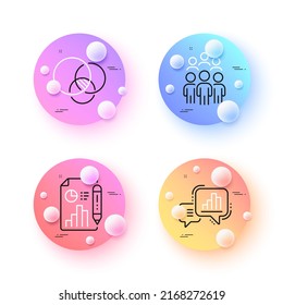 Report document, Graph chart and Group people minimal line icons. 3d spheres or balls buttons. Euler diagram icons. For web, application, printing. Vector