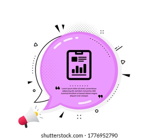 Icono del documento de informe. Burbuja del discurso de citas. Gráfico de análisis o signo de crecimiento de ventas. Símbolo de datos de estadísticas. Marcas de citado. Icono de documento de informe clásico. Vector