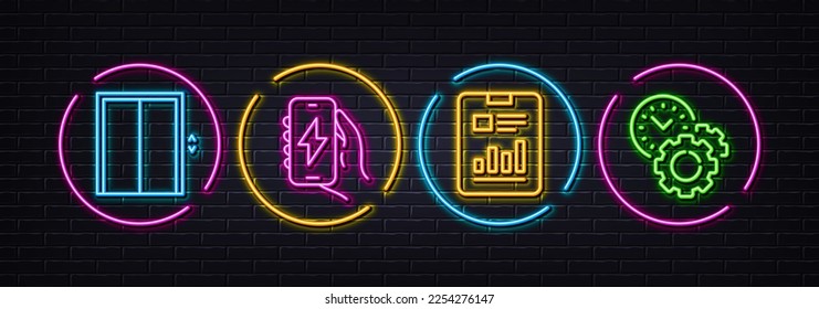 Report document, Lift and Charging app minimal line icons. Neon laser 3d lights. Time management icons. For web, application, printing. Page with charts, Elevator, Smartphone charger. Settings. Vector