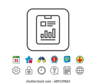 Report document line icon. Analysis Chart or Sales growth sign. Statistics data symbol. Calendar, Globe and Chat line signs. Binoculars, Award and Download icons. Editable stroke. Vector