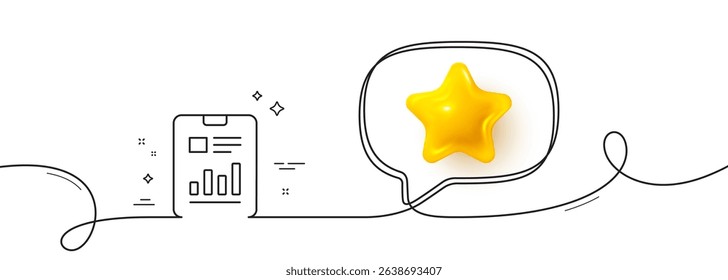 Report document line icon. Continuous line with 3d star. Analysis Chart or Sales growth sign. Statistics data symbol. 3d star in speech bubble. Report document single line ribbon. Vector