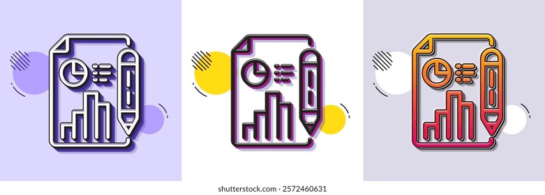Report document line icon. Halftone dotted pattern. Gradient icon with grain shadow. Column graph sign. Growth diagram, pie chart symbol. Line report document icon. Various designs. Vector