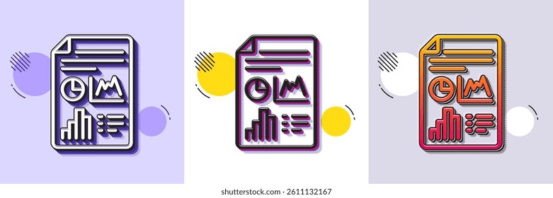 Report document line icon. Halftone dotted pattern. Gradient icon with grain shadow. Column graph sign. Growth diagram, pie chart symbol. Line report document icon. Various designs. Vector