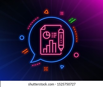 Report document line icon. Neon laser lights. Column graph sign. Growth diagram, pie chart symbol. Glow laser speech bubble. Neon lights chat bubble. Banner badge with report document icon. Vector
