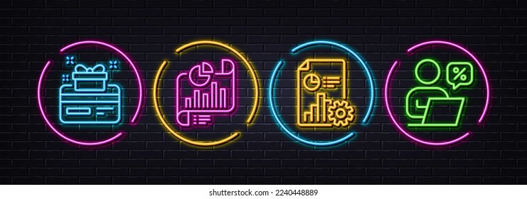 Report, Report document and Loyalty card minimal line icons. Neon laser 3d lights. Online discounts icons. For web, application, printing. Presentation document, Growth chart, Bonus points. Vector