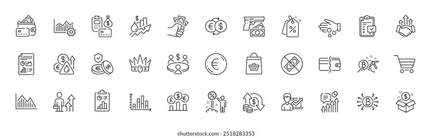 Documento de informe, compras en línea y iconos de línea de descuento. Paquete de resultados de negocios, gráfico de inversión, icono de venta de mercado. Dinero de la donación, Fraude, Pictograma de excelencia operativa. Robo. Vector