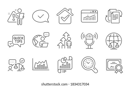 Report document, Quick tips and Website statistics line icons set. Certificate, Lawyer and Magistrates court signs. Time management, Employee result and Approved message symbols. Vector