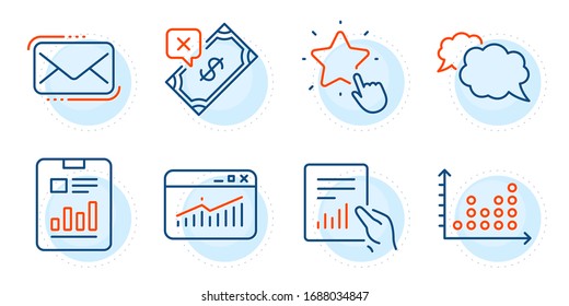 Report document, Ranking star and Rejected payment signs. Document, Messenger and Dot plot line icons set. Website statistics, Messenger mail symbols. File with diagram, Speech bubble. Vector