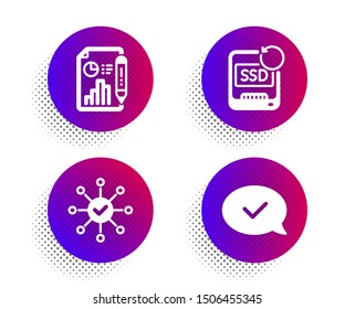 Report document, Recovery ssd and Survey check icons simple set. Halftone dots button. Approved message sign. Growth chart, Backup info, Correct answer. Accepted chat. Education set. Vector
