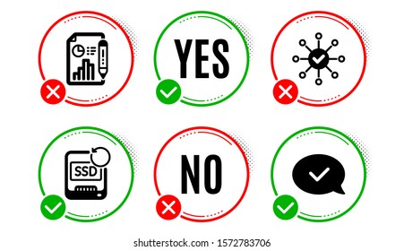 Report document, Recovery ssd and Survey check icons simple set. Yes no check box. Approved message sign. Growth chart, Backup info, Correct answer. Accepted chat. Education set. Vector