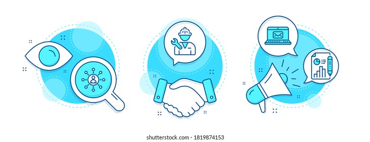 Report document, Repairman and Networking line icons set. Handshake deal, research and promotion complex icons. E-mail sign. Growth chart, Repair service, Business communication. New message. Vector