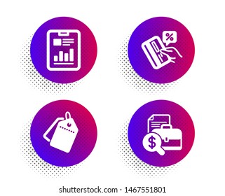Report document, Sale tags and Credit card icons simple set. Halftone dots button. Accounting report sign. Page with charts, Discount labels, Loan percent. Financial case. Finance set. Vector