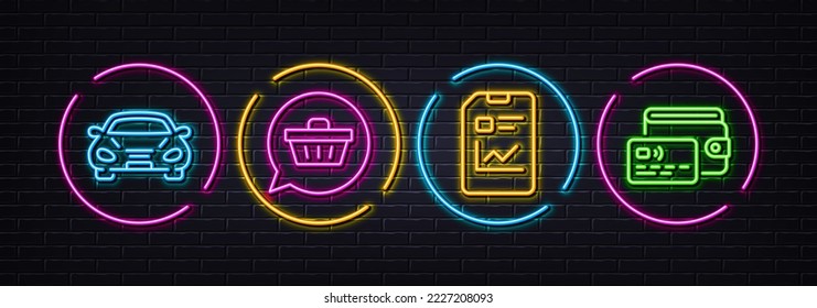 Report document, Shopping cart and Car minimal line icons. Neon laser 3d lights. Wallet icons. For web, application, printing. Statistics file, Dreaming of gift, Transport. Credit card money. Vector