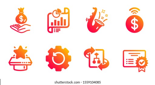 Report document, Technical algorithm and Jazz line icons set. Income money, Recovery gear and Contactless payment signs. Winner podium, Certificate symbols. Growth chart, Project doc. Vector