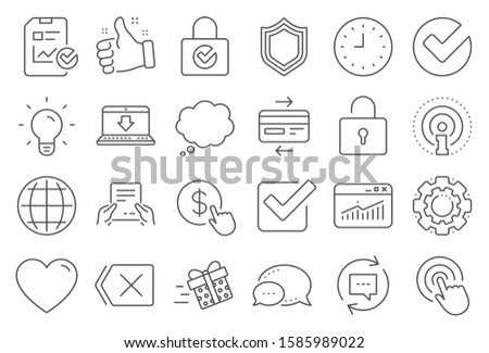 Report document, Time line icons. Statistics, Gift box and Light bulb icons. Credit card, Download document and Lock. Gift delivery, Check report and Protection Shield. Clock time, light bulb. Vector