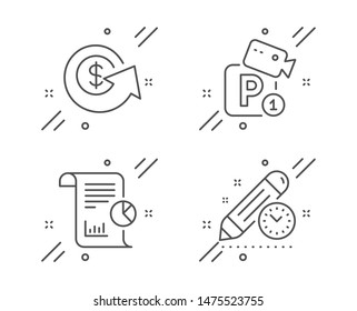 Report, Dollar exchange and Parking security line icons set. Project deadline sign. Work analysis, Money refund, Video camera. Time management. Technology set. Line report outline icon. Vector